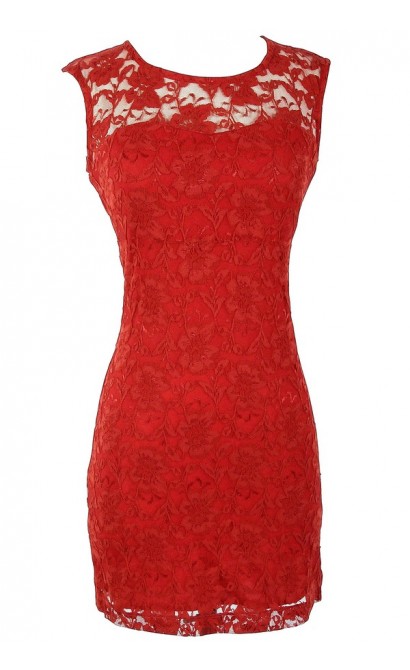 Bold Floral Lace Fitted Dress in Bright Red